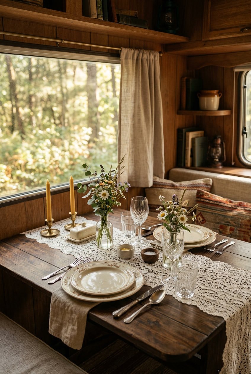 A cozy camper dining table set with lace runners, plates, cutlery, and small flower vases under natural light.