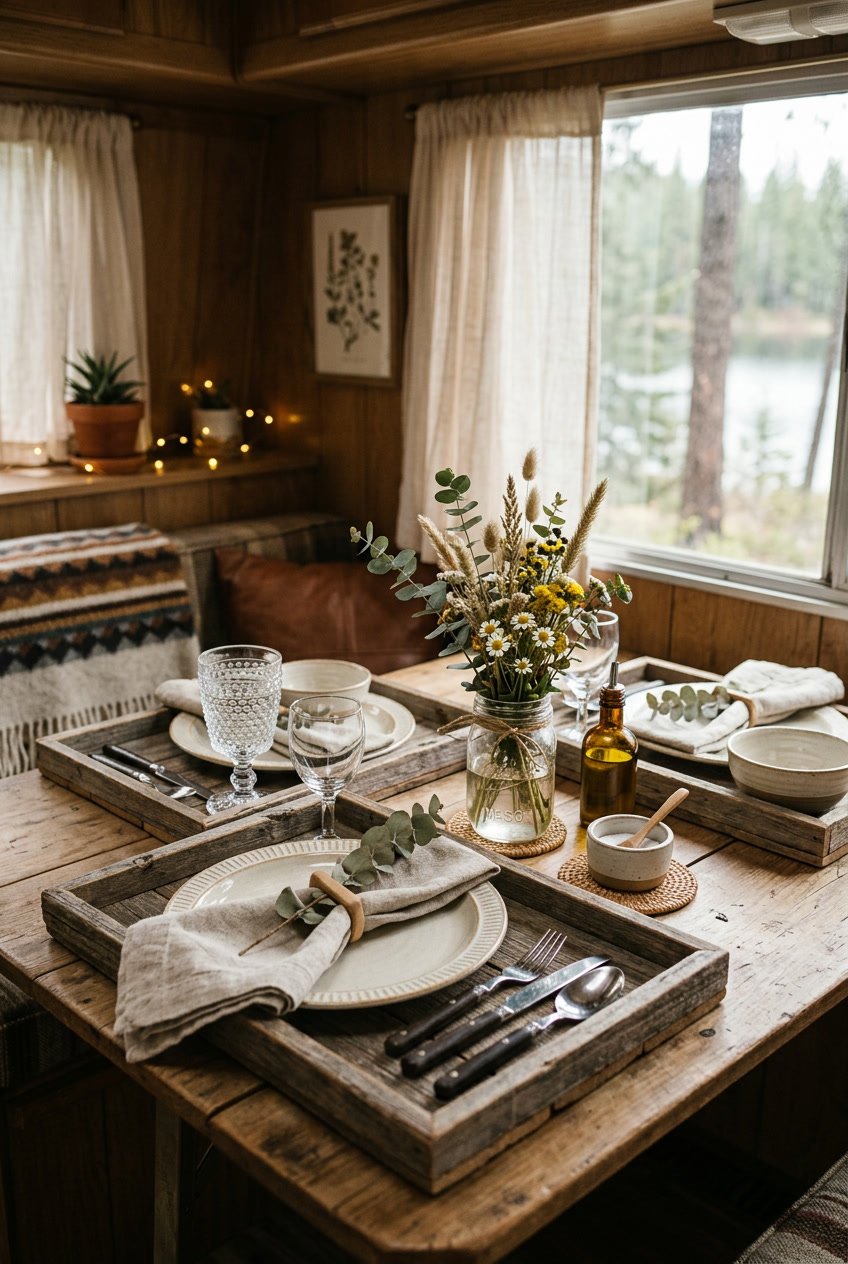 A dining table inside a camper set with distressed wooden trays under white plates, rustic cutlery, glassware, and small flower arrangements.