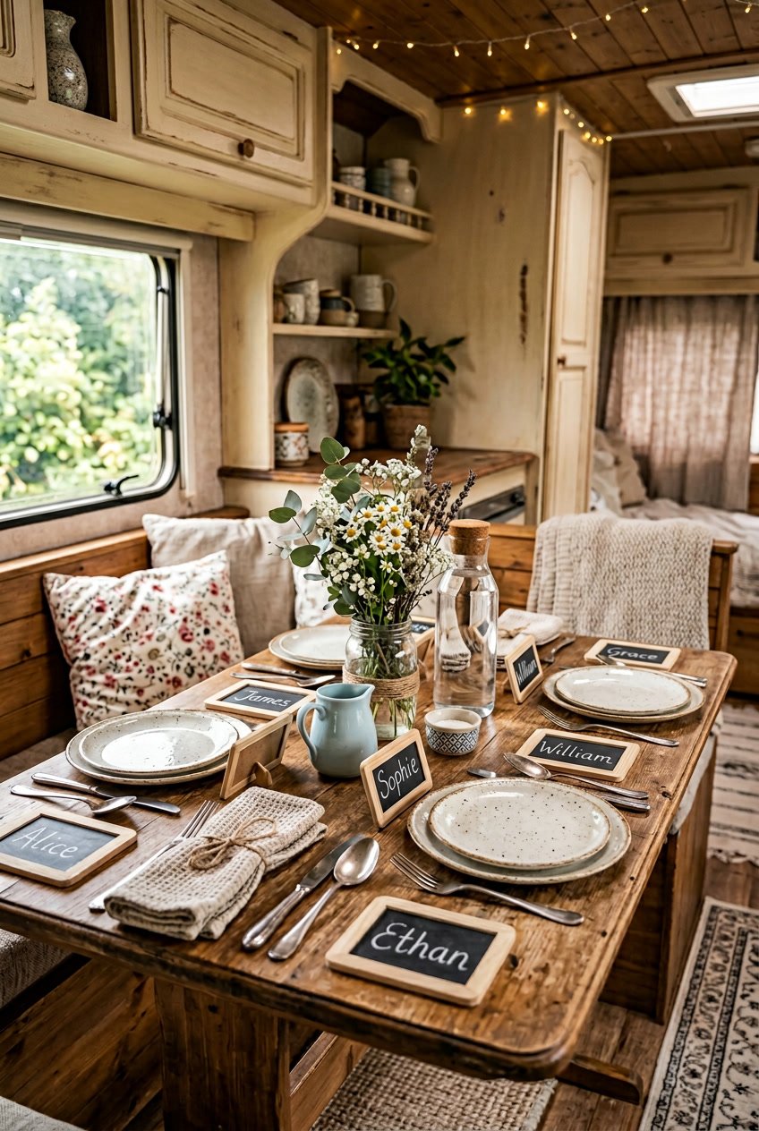 A dining table inside a camper set with place cards, plates, cutlery, flowers, and rustic decor.