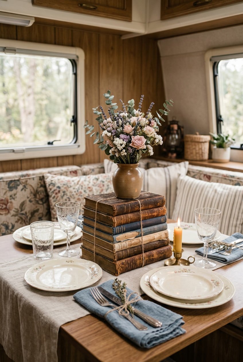 A dining table inside a camper with a stack of old books as a base for a centerpiece, surrounded by plates, cutlery, and flowers.