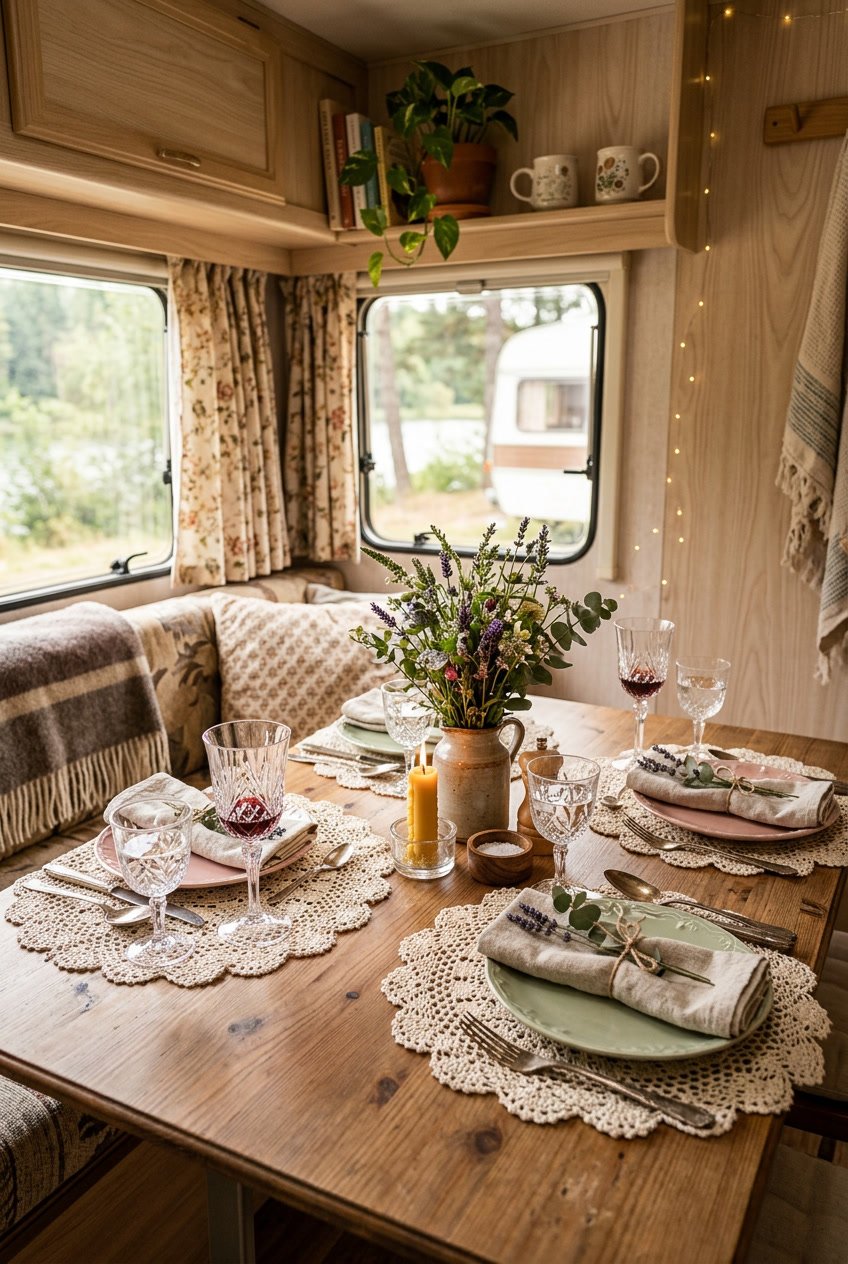 Dining table inside a camper with glassware placed on crocheted doilies and rustic tableware.
