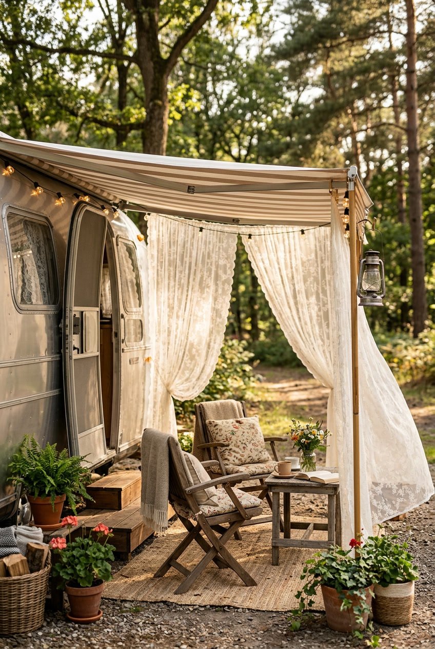 A camper's awning area with vintage lace curtains hanging gently, surrounded by plants and soft seating under warm natural light.