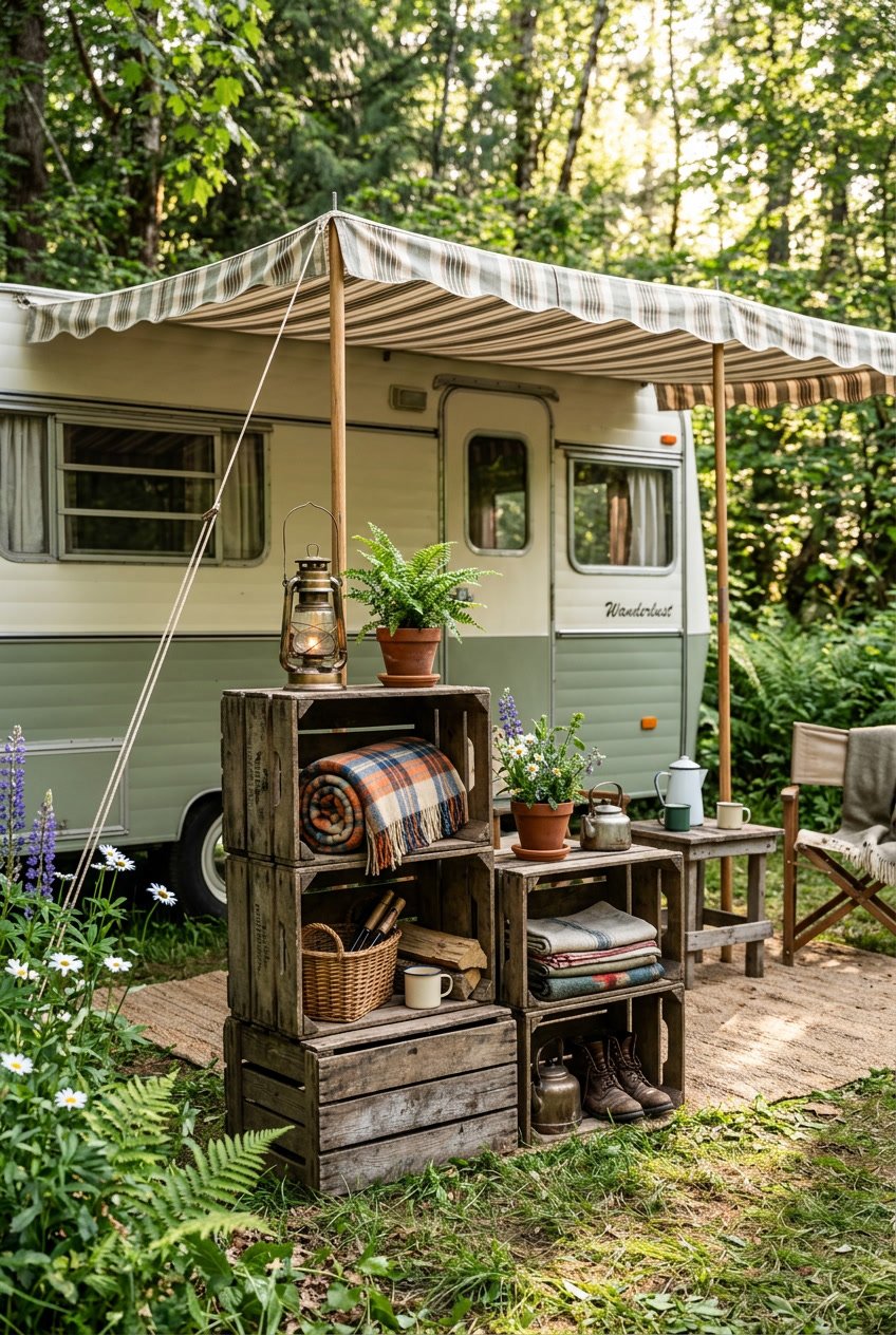 A camper awning area with weathered wooden crates used for storage, surrounded by grass and plants in natural daylight.