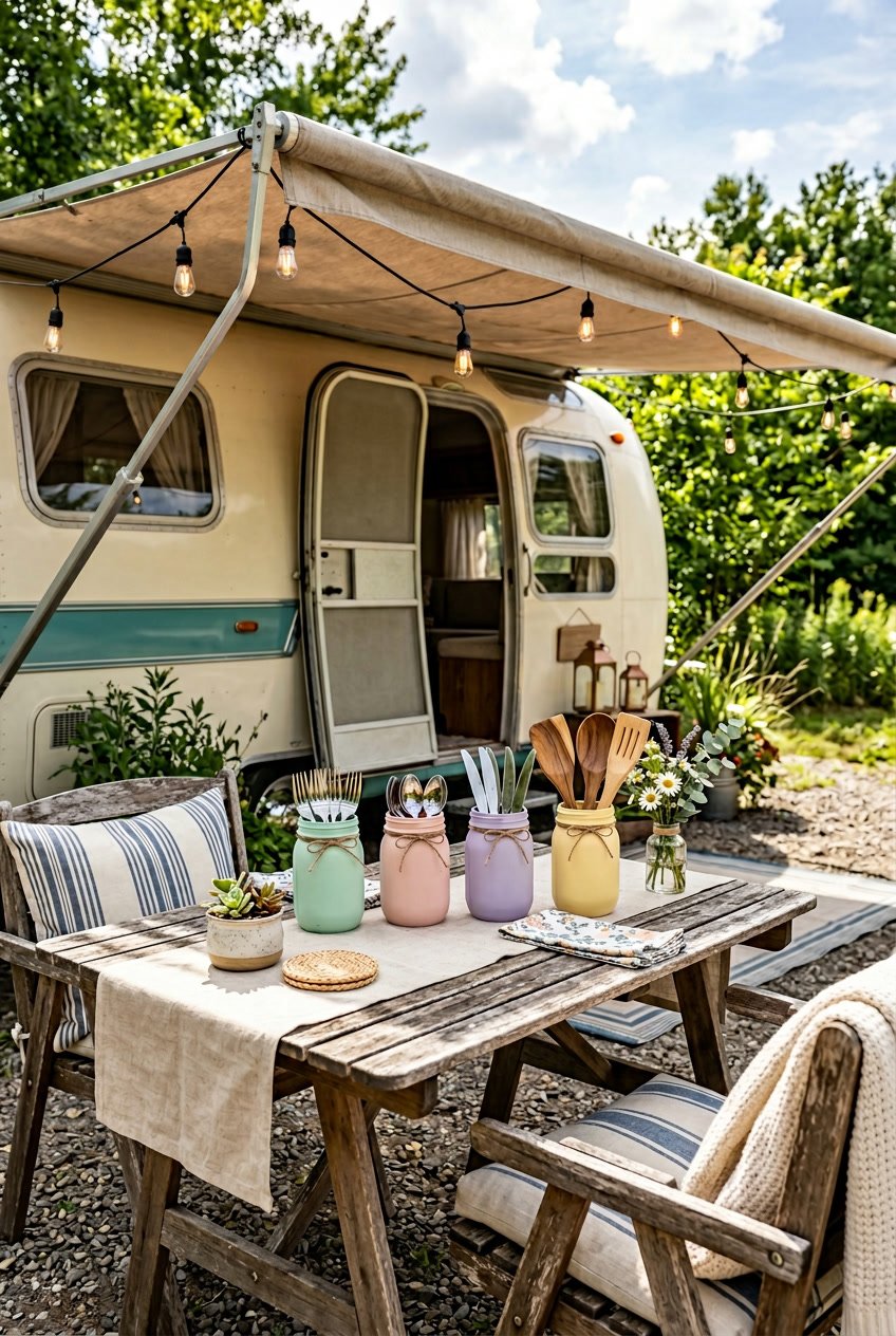 Outdoor camper awning area with a wooden picnic table holding pastel-colored jars filled with utensils, surrounded by seating and greenery.