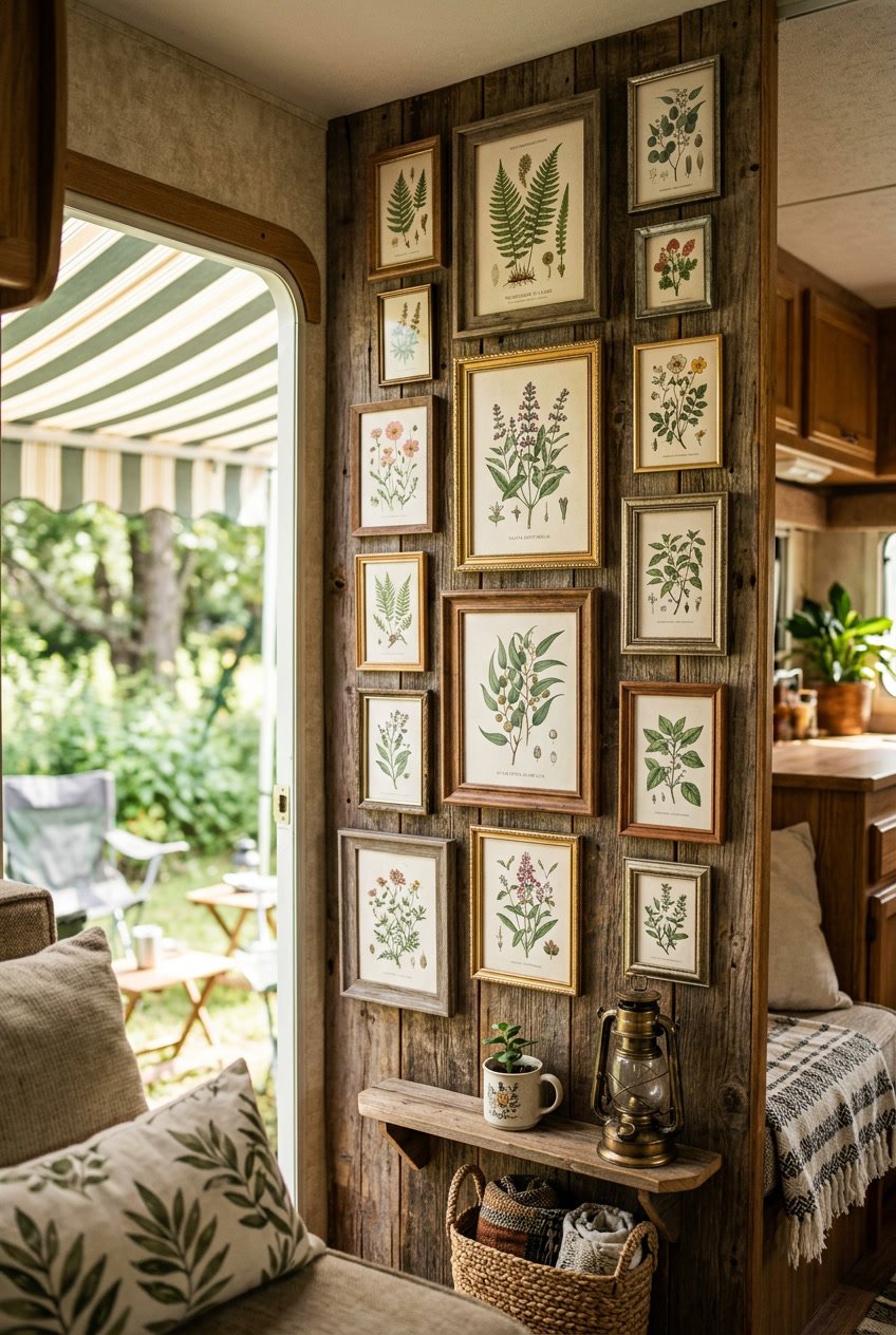 Interior of a camper with framed botanical prints hanging on a wooden wall, natural light coming through a window showing outdoor greenery.