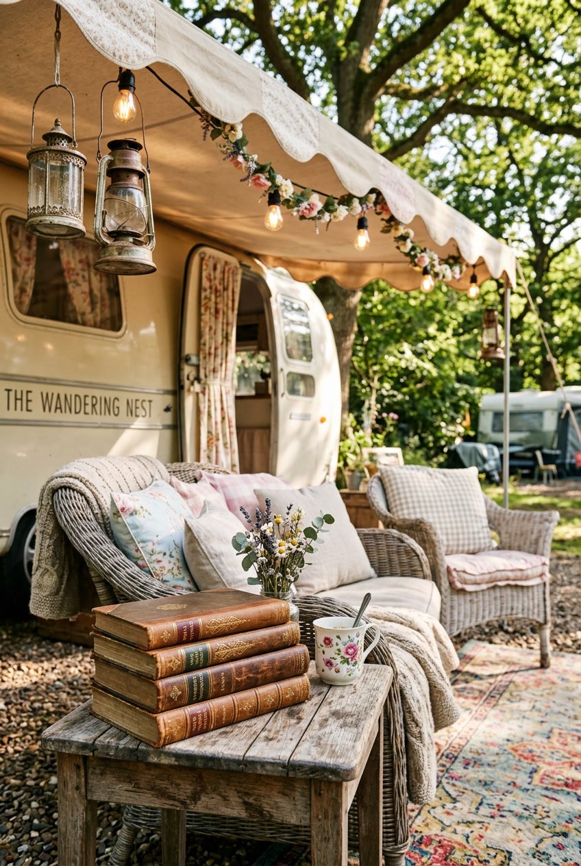 A stack of antique books on a wooden table under a camper's awning surrounded by cushions and lanterns.