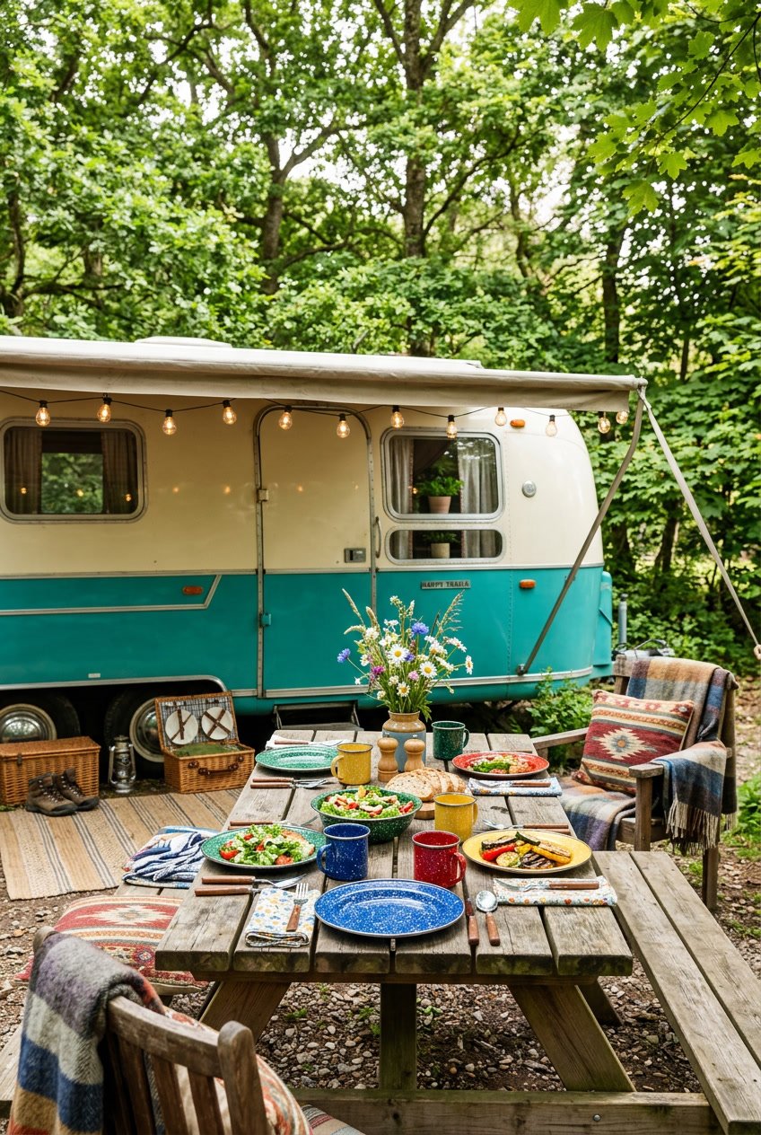 Outdoor dining setup under a camper's awning with enamelware plates and cups on a wooden table surrounded by chairs and greenery.
