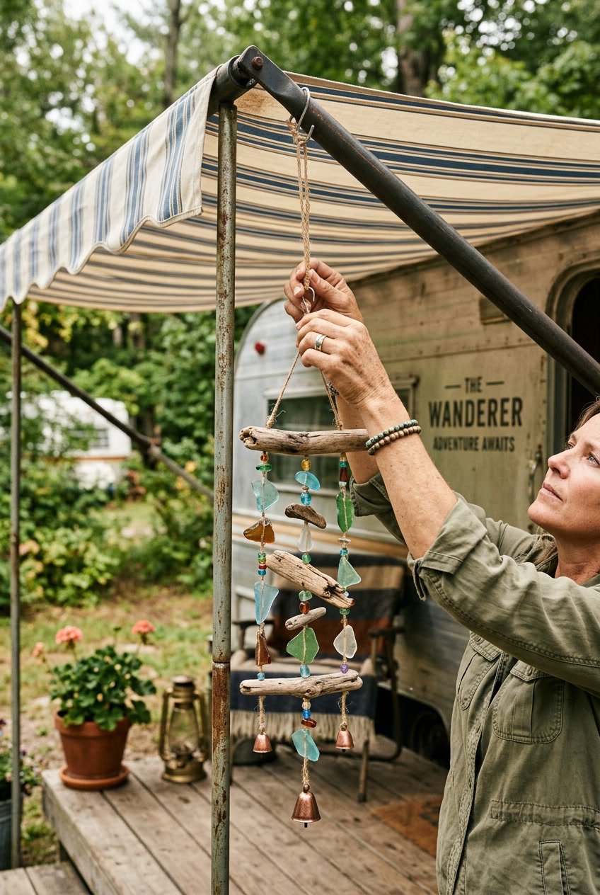 A person hanging a wind chime made of wood and glass under a camper's awning in an outdoor setting.