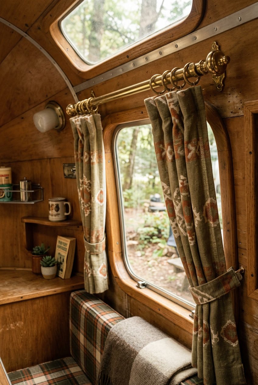 Interior of a vintage camper showing windows with brass curtain rods and patterned curtains, with wood paneling and soft natural light.