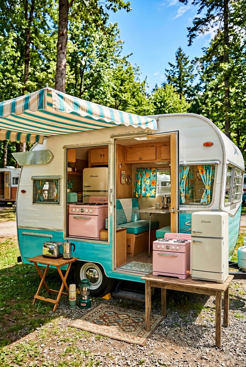 A vintage camper with retro appliances and an open door showing a cozy interior, set in a sunny campground with trees.