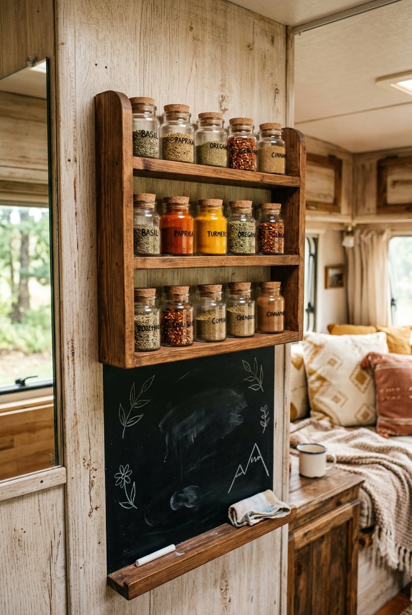 Wall-mounted spice rack with glass jars of spices inside a vintage camper interior.