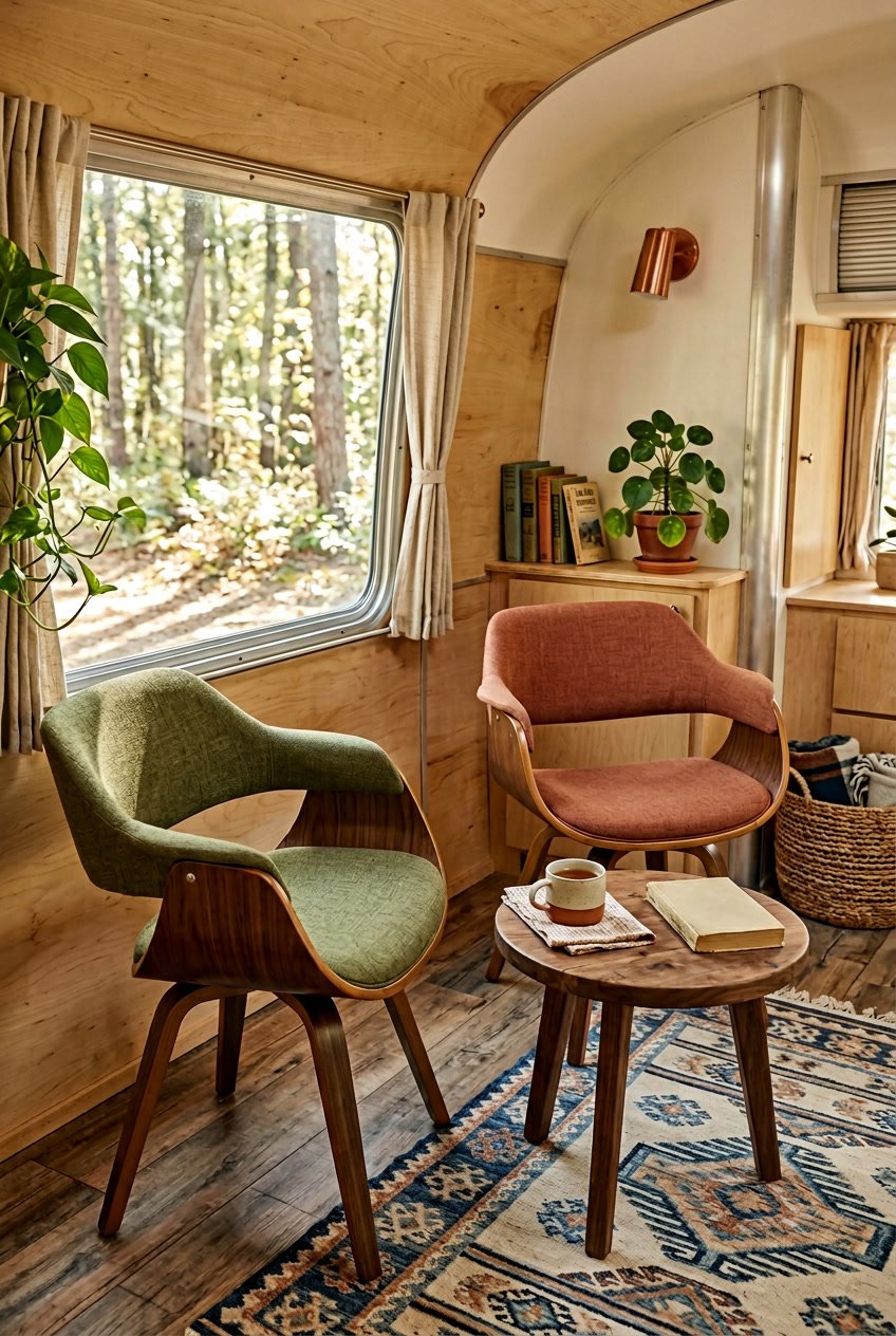 Interior of a vintage camper with two swivel chairs around a small table and sunlight coming through large windows.