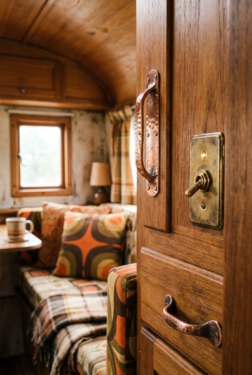 Close-up of copper and brass fixtures inside a vintage camper with wooden cabinets and soft lighting.