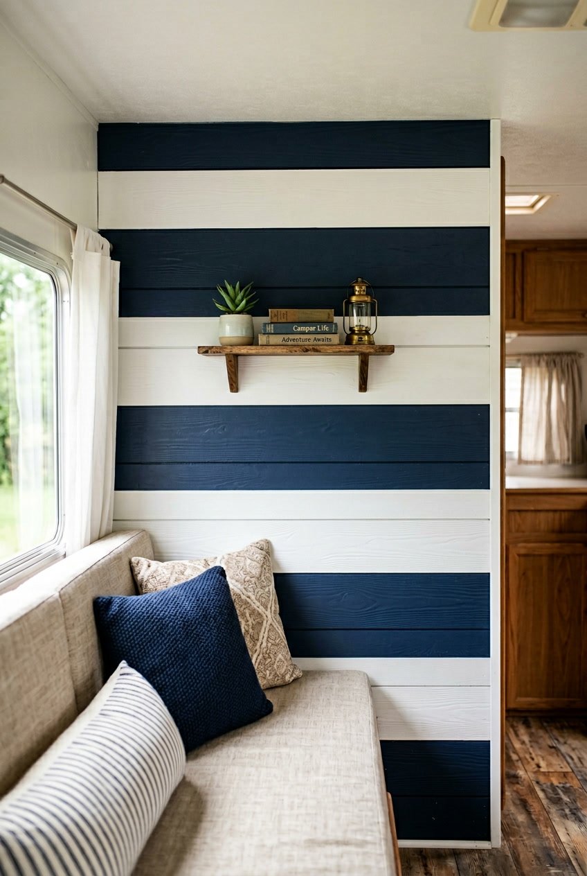 Interior camper wall with navy blue and white horizontal striped wooden panels.