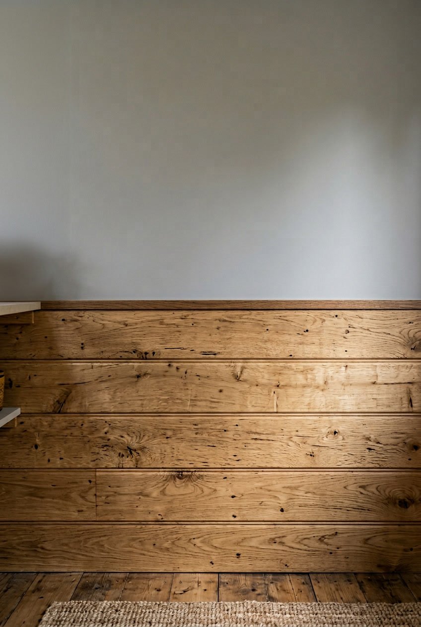 Interior wall with soft gray paint on the top half and rustic oak wood panels on the bottom half.