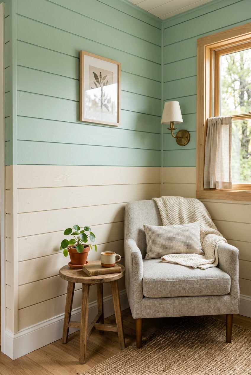 Interior wall with horizontal wooden panels painted mint green on top and creamy beige on the bottom.