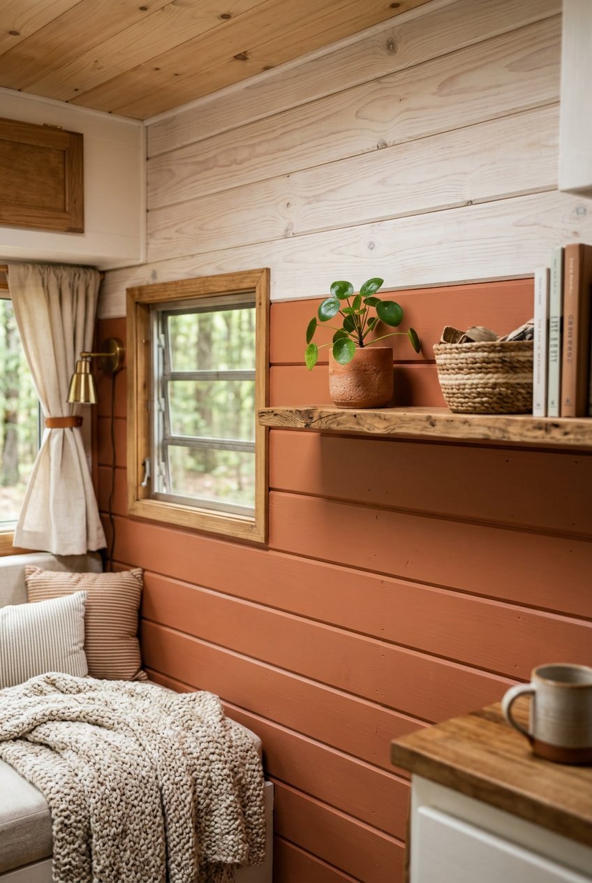 Interior camper wall with two-tone wooden panels in warm terracotta and whitewashed pine, decorated with a small plant and cozy textiles.