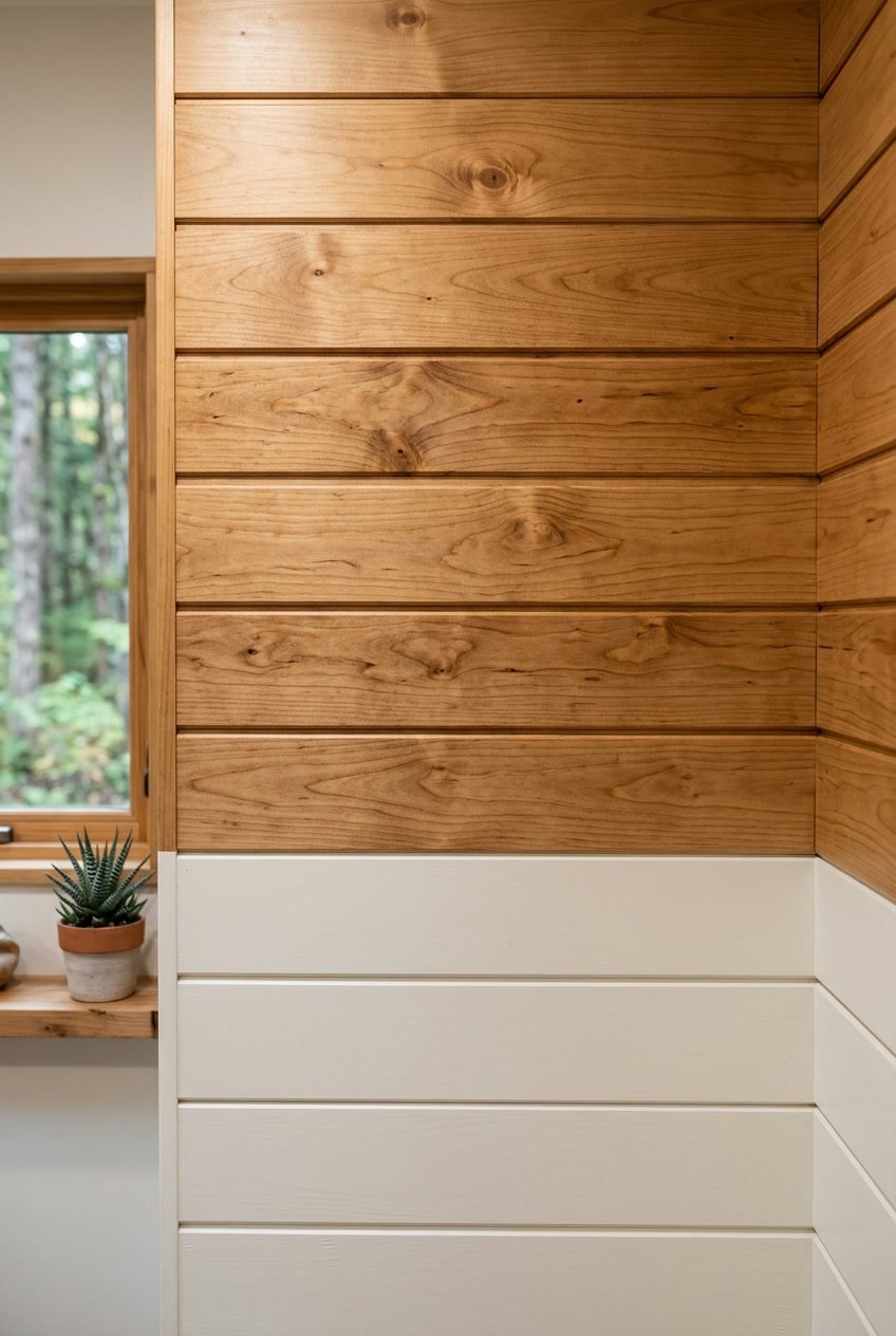 Interior camper wall with horizontal two-tone shiplap boards in honey maple wood and off-white paint.