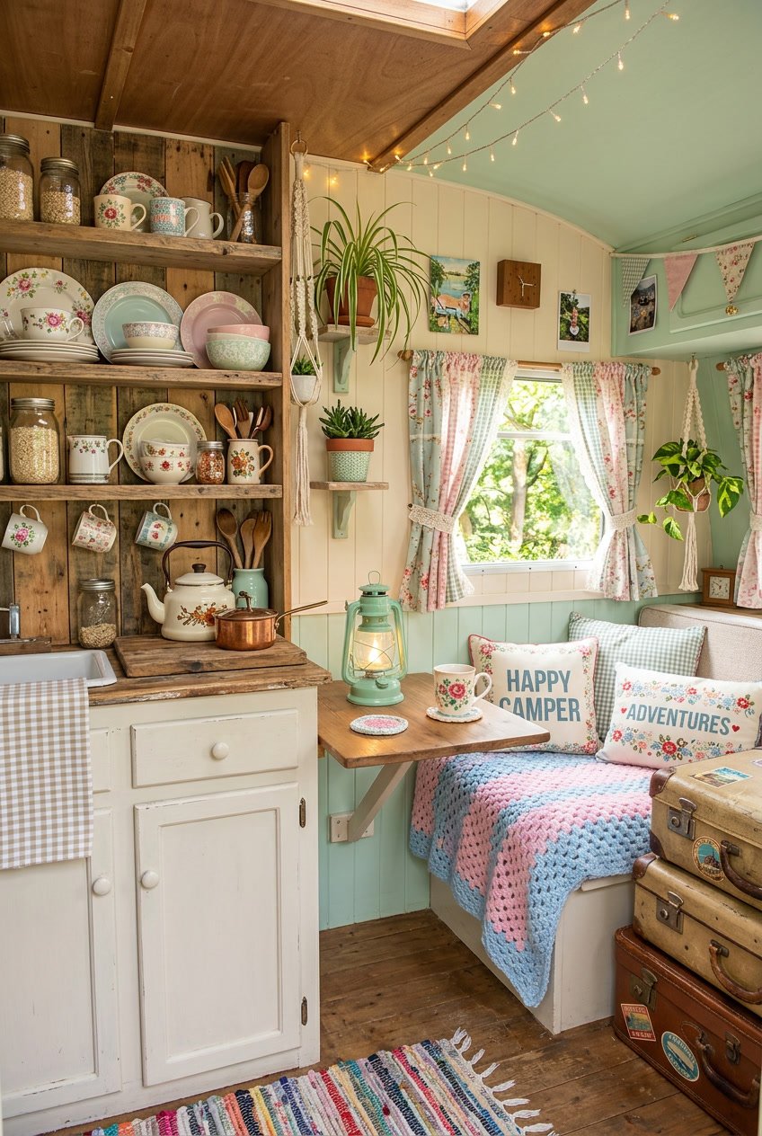 Interior of a cozy camper decorated with pastel fabrics, potted plants, vintage suitcases, and string lights, creating a warm and inviting atmosphere.