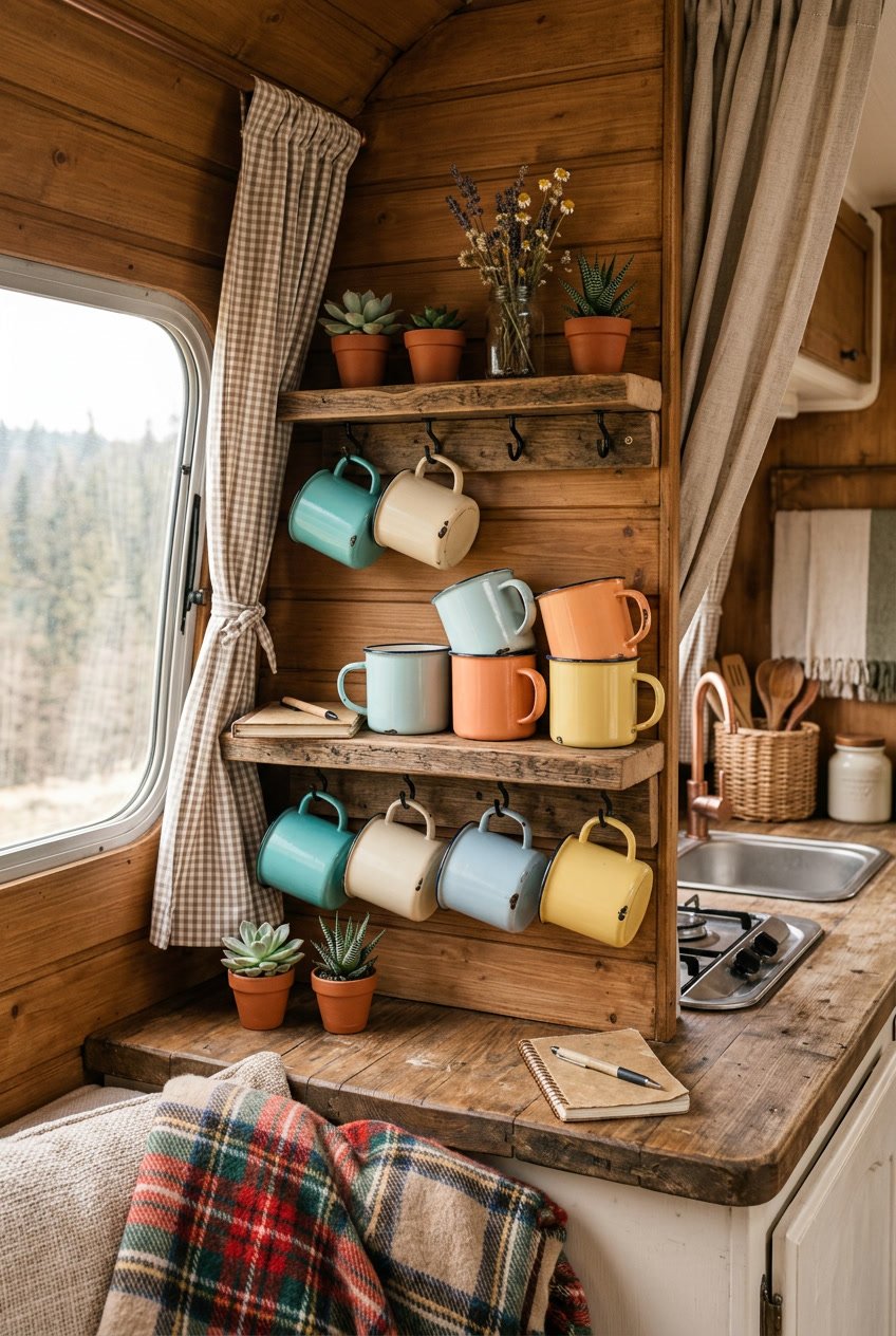A cozy camper interior with vintage enamelware mugs displayed on a wooden shelf surrounded by small plants and blankets.