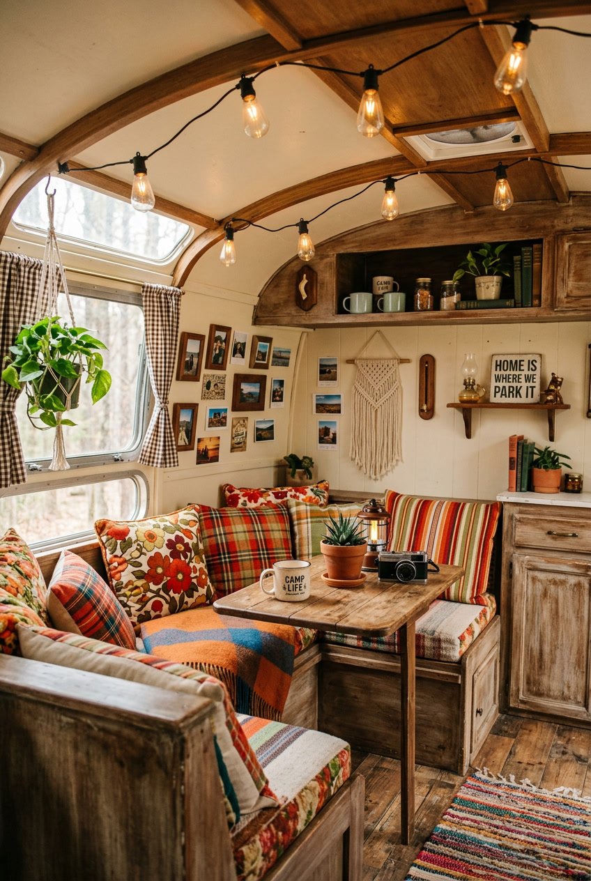 Interior of a camper decorated with string lights and cozy vintage-style décor, including cushions and plants.
