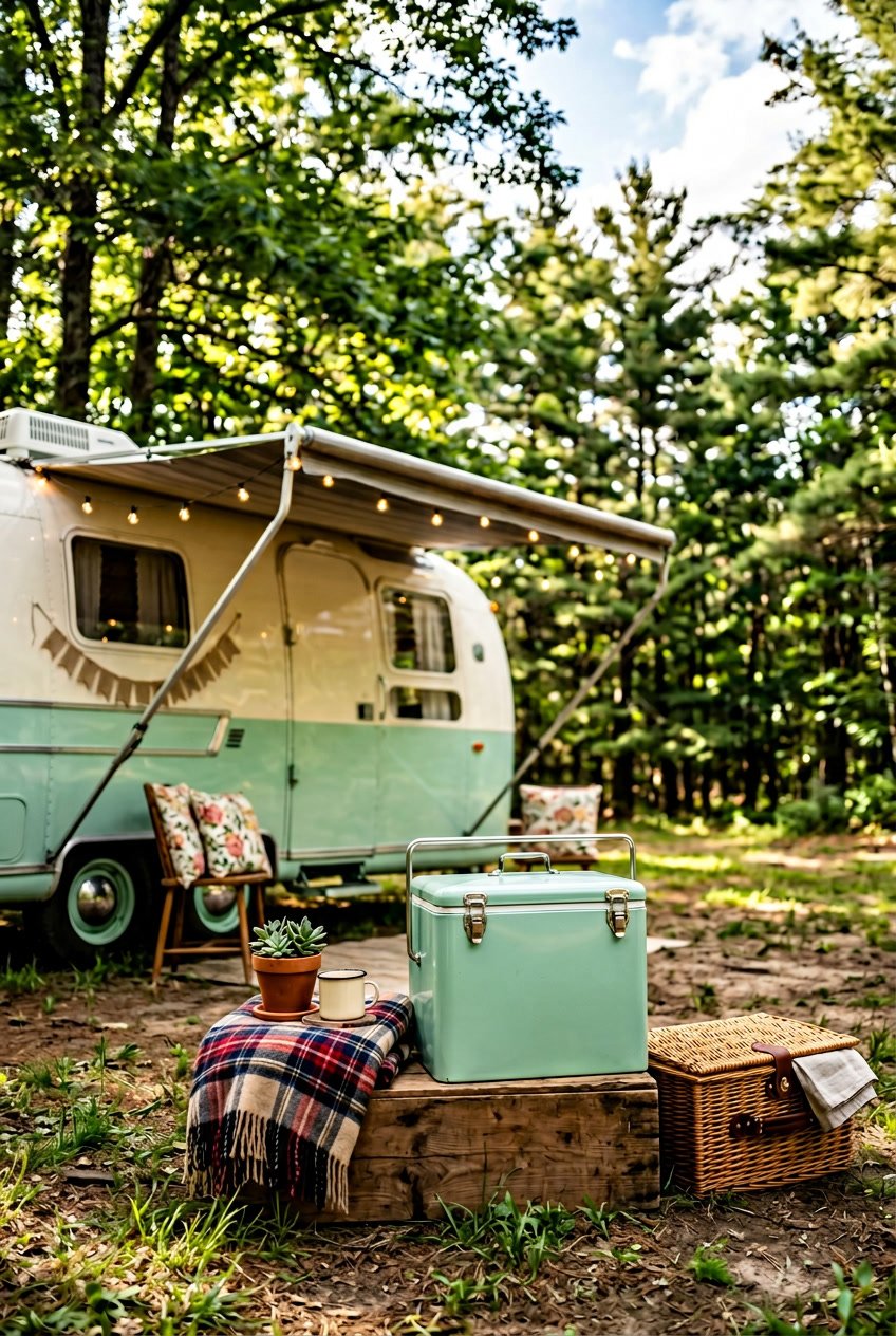 A camper van parked outdoors with a retro cooler and camping accessories arranged nearby under natural sunlight.