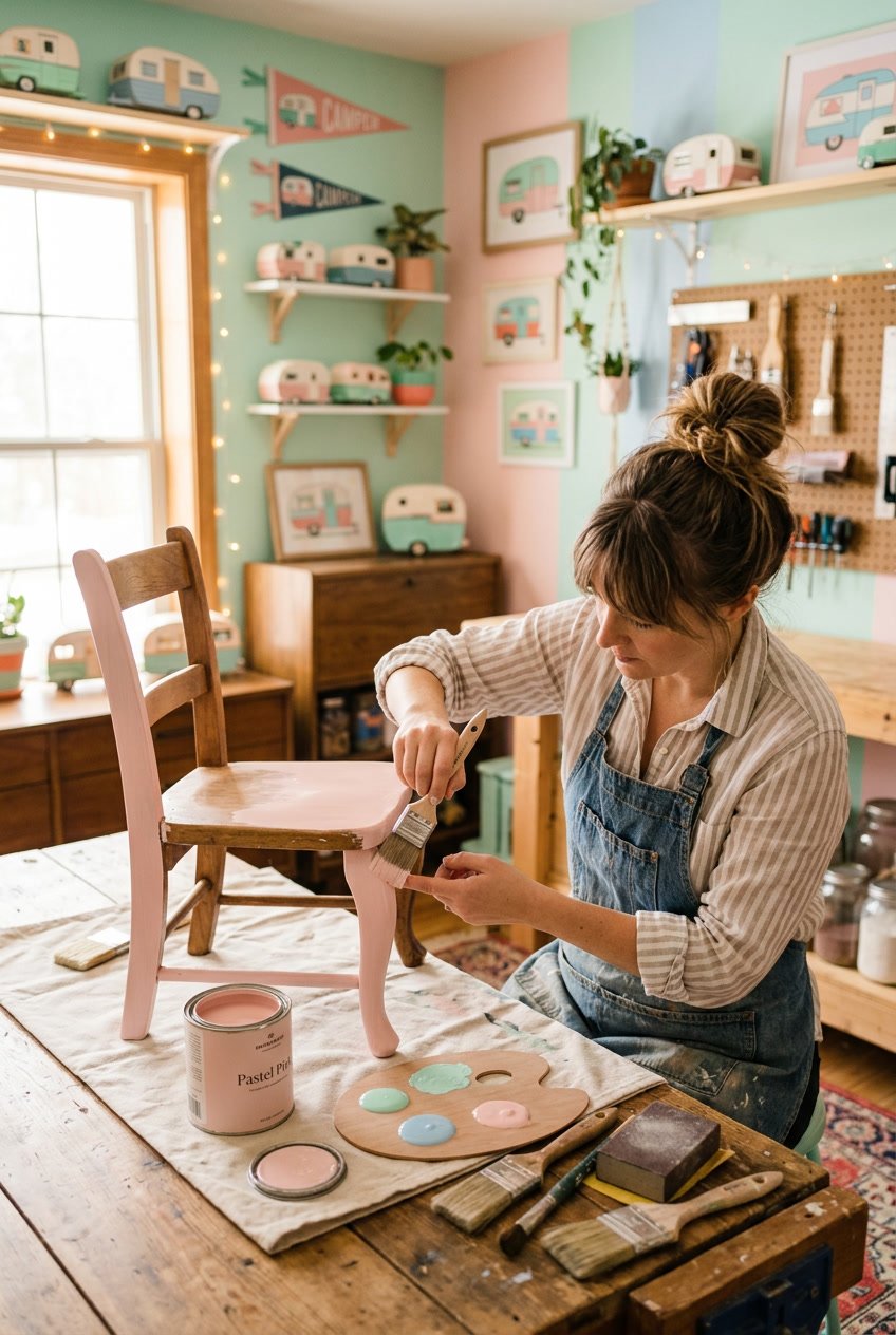 Person painting wooden furniture with pastel colors in a cozy indoor workshop with vintage camper décor in the background.
