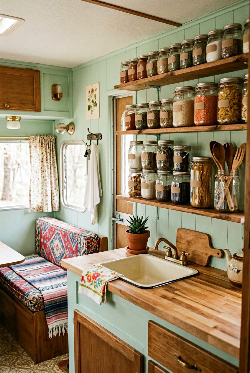Interior of a vintage camper kitchen with wooden shelves holding mason jars filled with spices and utensils, surrounded by cozy décor and soft natural light.