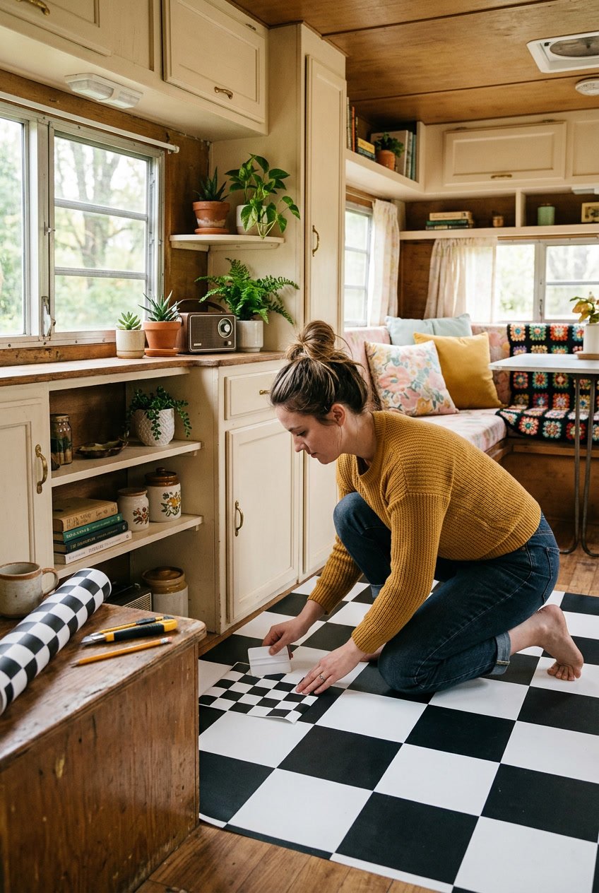 Person installing black and white checkered floor decals inside a vintage camper with cozy interior decorations.
