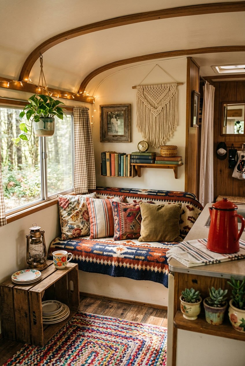 Interior of a cozy camper decorated with vintage and rustic items like throw pillows, blankets, plants, a lantern, books, and string lights.