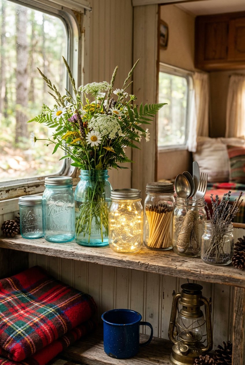A collection of vintage mason jars decorated with wildflowers and fairy lights on a wooden surface surrounded by camping items like mugs, a lantern, and a plaid blanket.