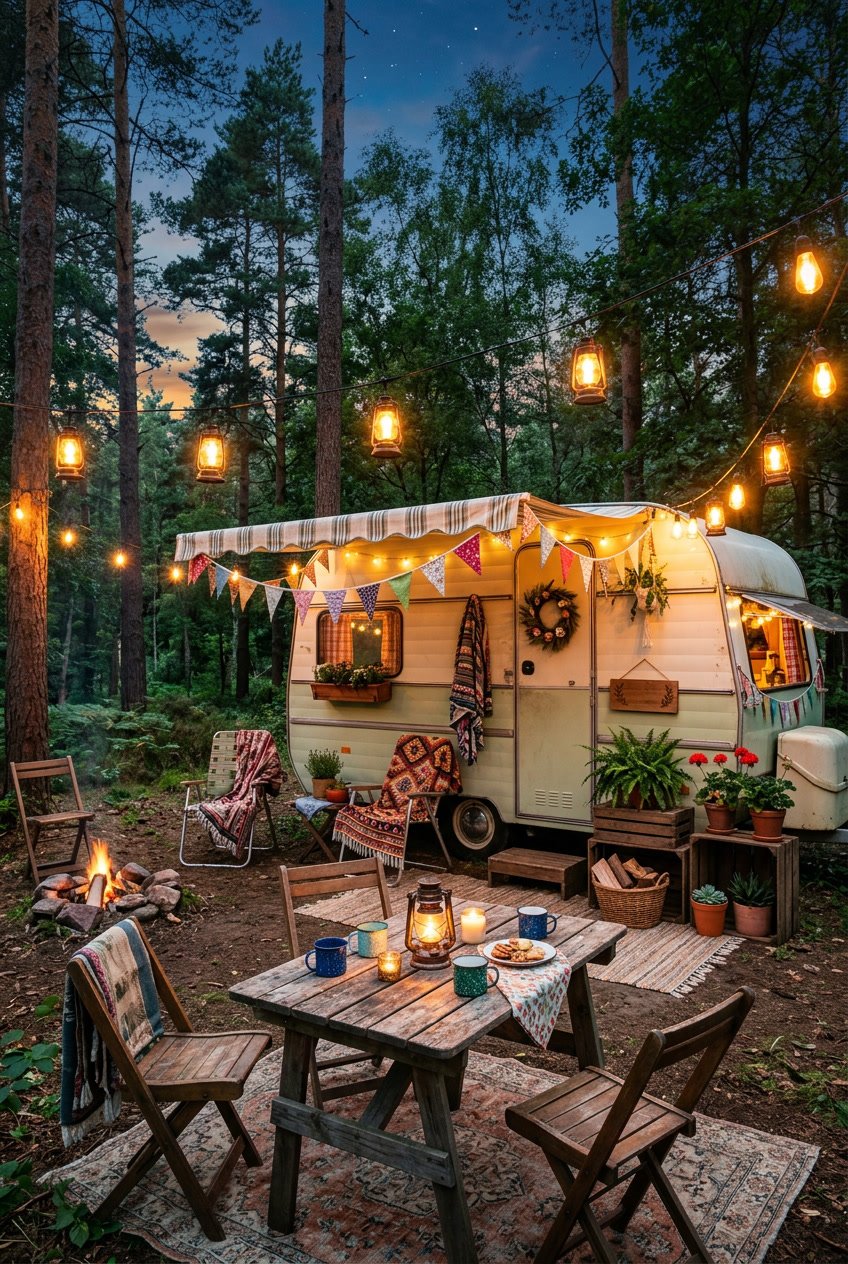 Outdoor camping scene at dusk with lantern string lights hanging between trees around a decorated vintage camper and picnic table.