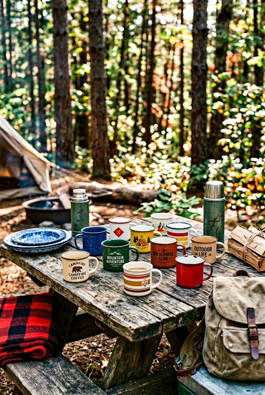 A collection of vintage camping mugs arranged on a wooden picnic table outdoors with camping gear and forest background.