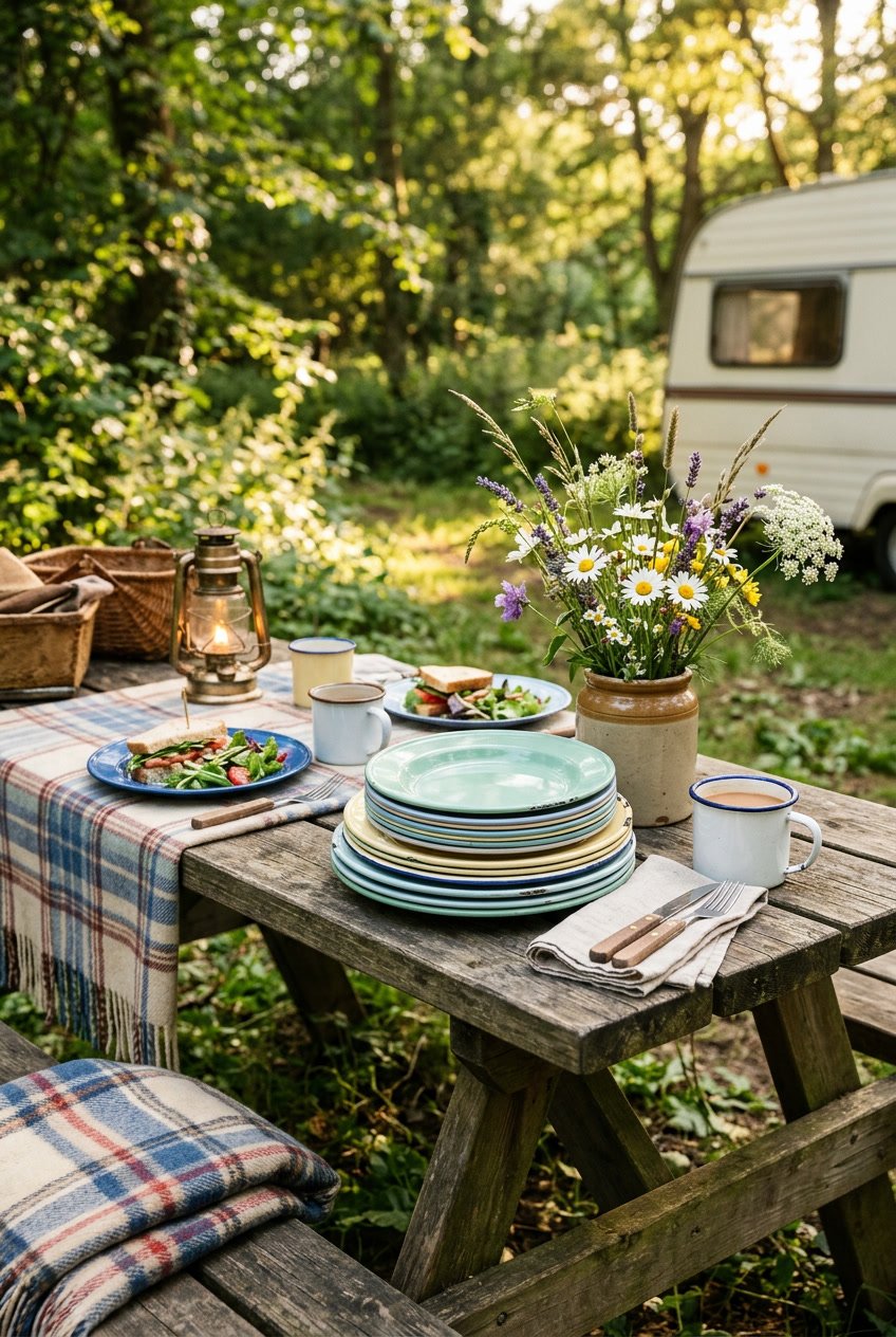 A wooden picnic table set outdoors with colorful enamelware plates, mugs, and camping accessories surrounded by greenery and sunlight.