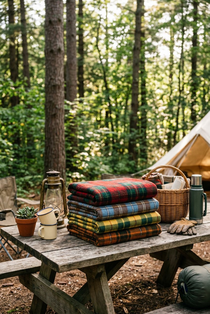 Stack of plaid wool blankets on a wooden picnic table surrounded by camping items in a forest setting.