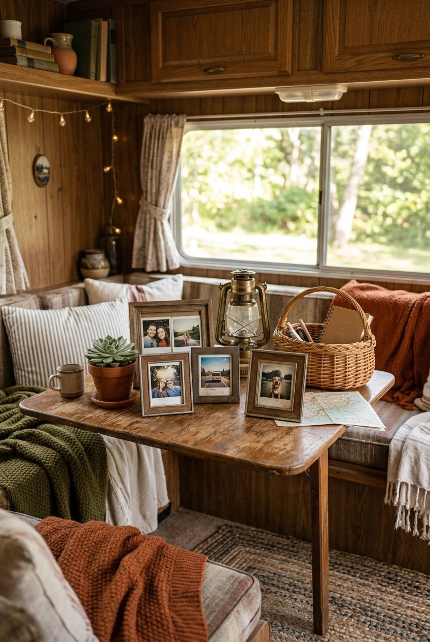 A cozy camper interior with wooden table displaying vintage Polaroid photo frames and rustic camping decorations like a lantern and potted plant.