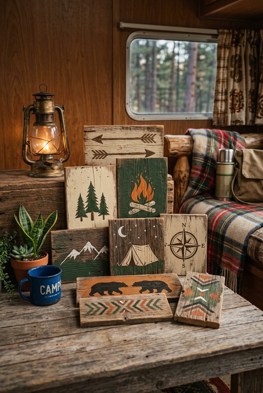 A collection of rustic wooden signs with nature-inspired designs arranged with camping gear on a wooden surface.