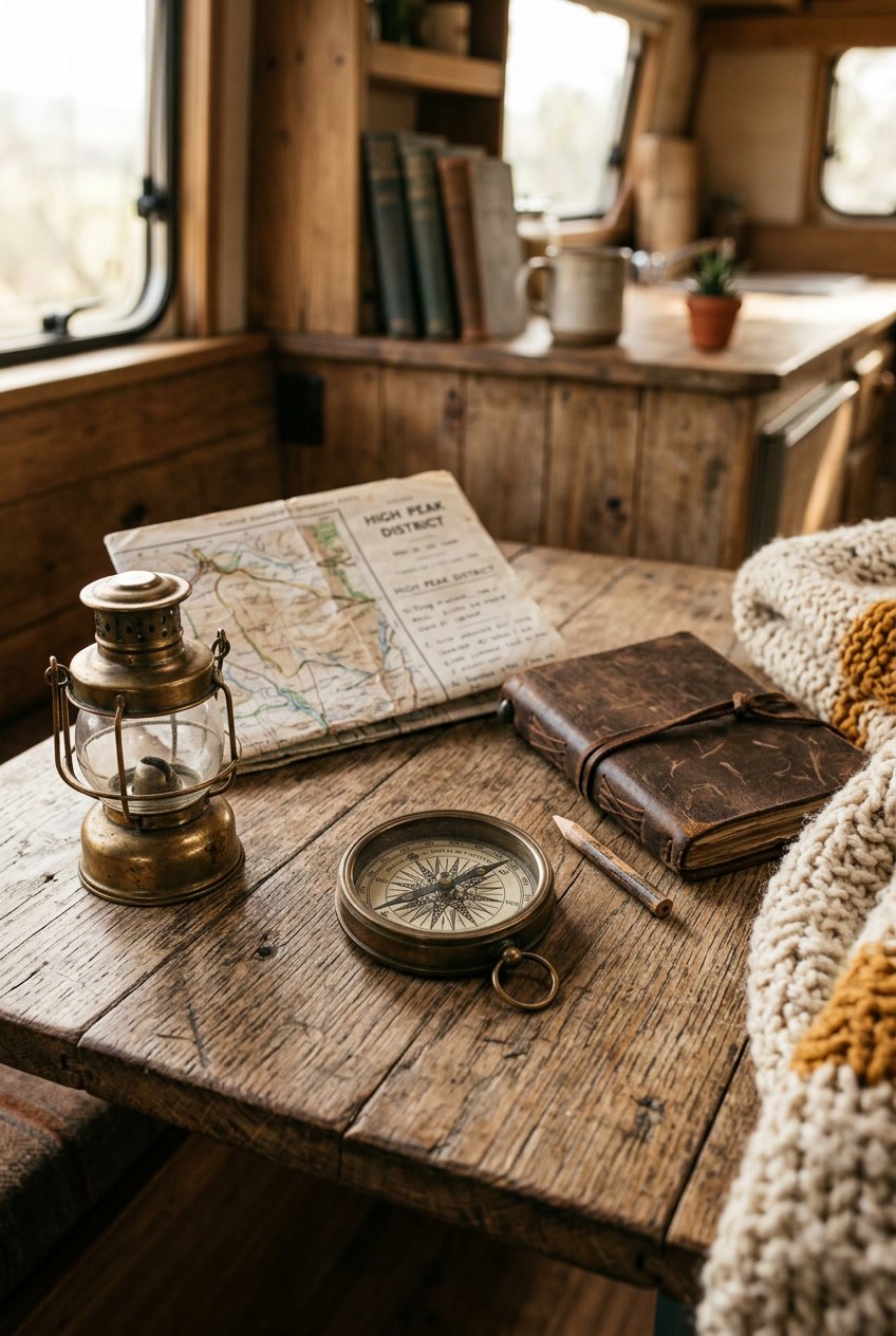 An antique compass on a wooden table surrounded by a lantern, map, journal, and blanket.
