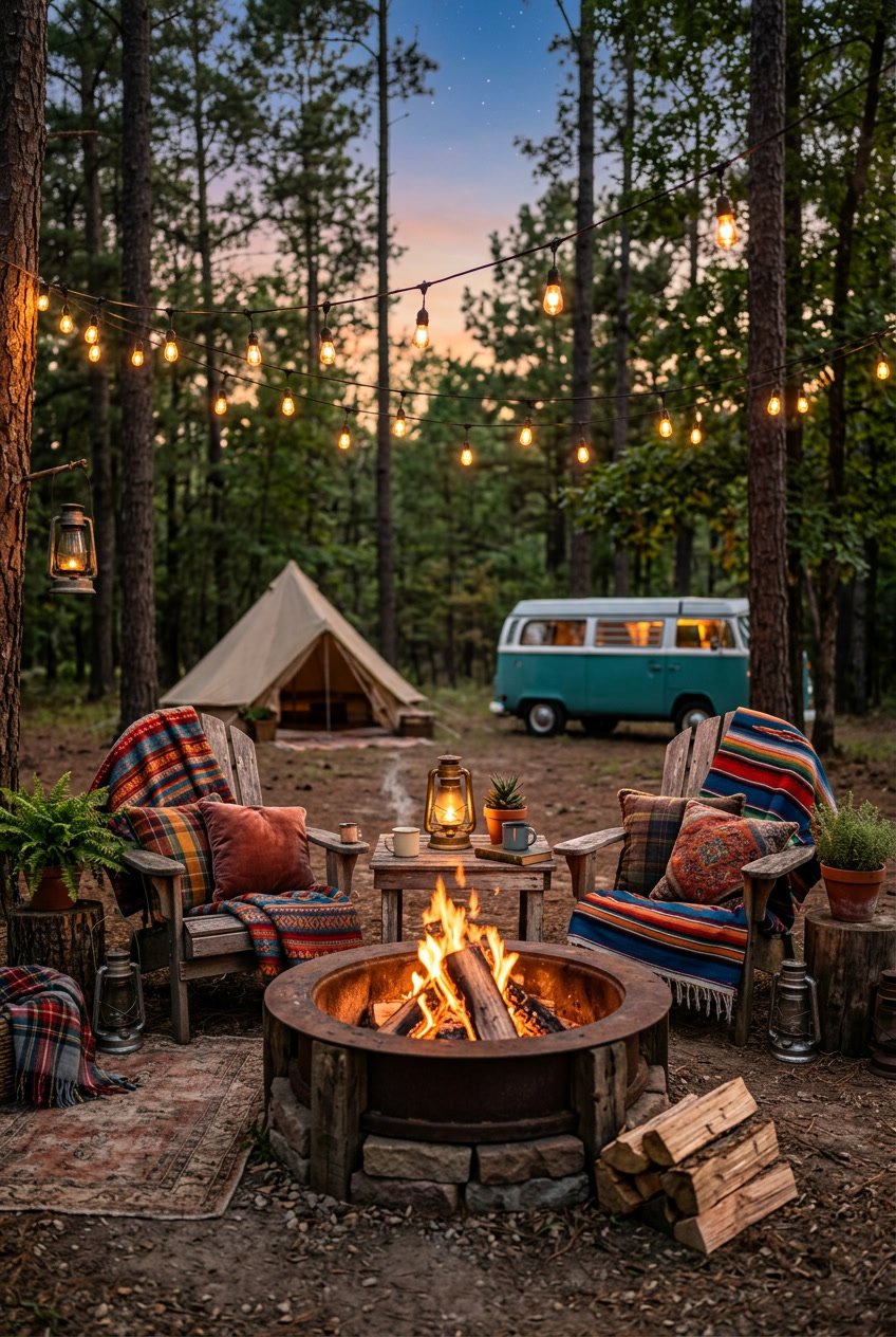 Outdoor camping scene with a decorative fire pit surrounded by vintage lanterns, blankets, cushions, and plants under string lights at dusk.