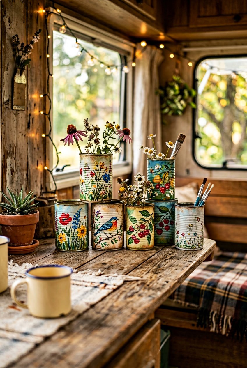 A collection of colorful handpainted tin cans displayed with camping decor items on a wooden surface.