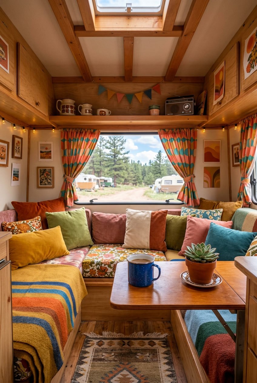 Interior of a camper van decorated with colorful cushions, curtains, and wooden accents, with a small table holding a mug and plant, and a view of trees outside.