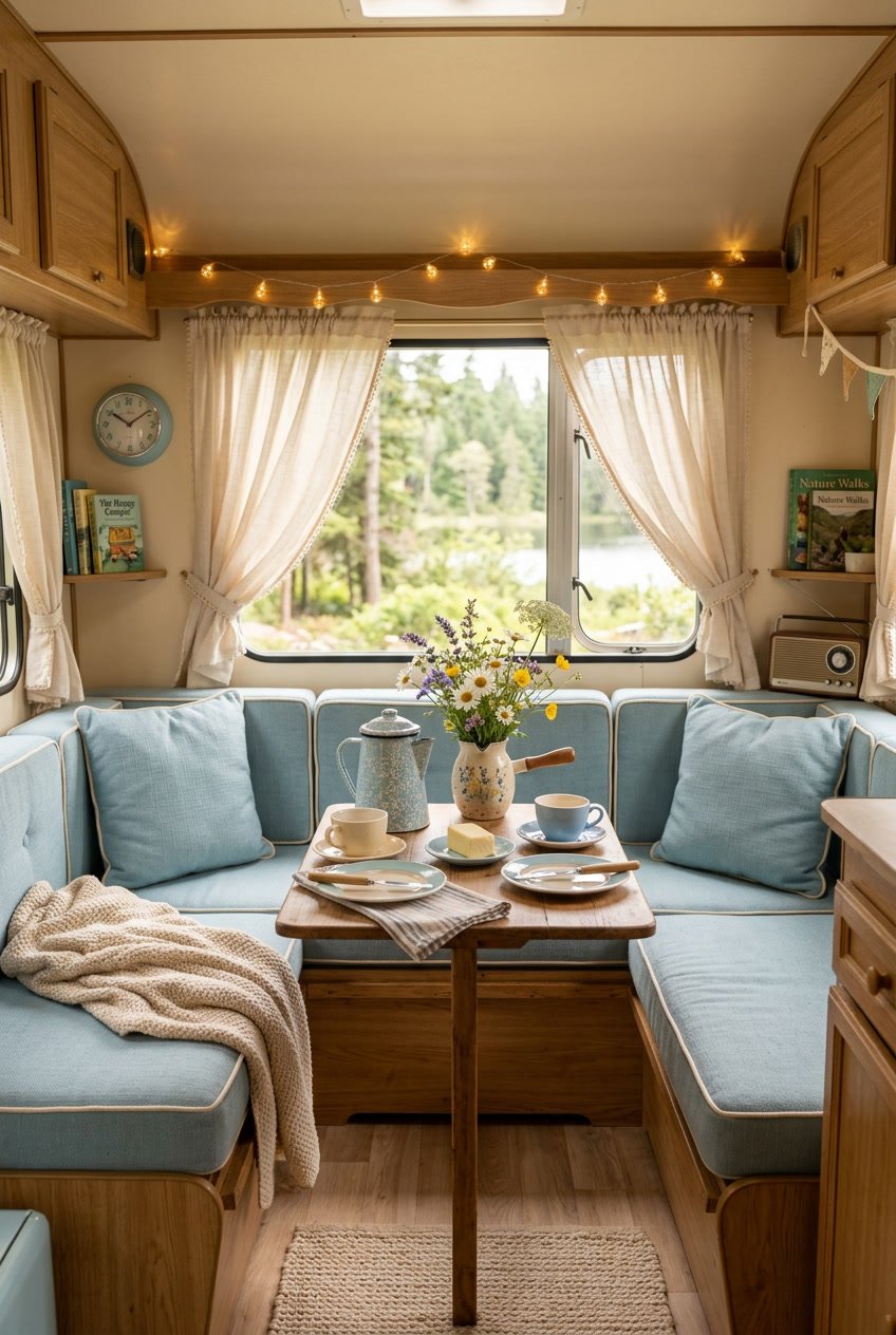 Cozy camper interior with powder blue cushions, cream curtains, a wooden table with vintage dishes and a vase of wildflowers, with a window showing nature outside.