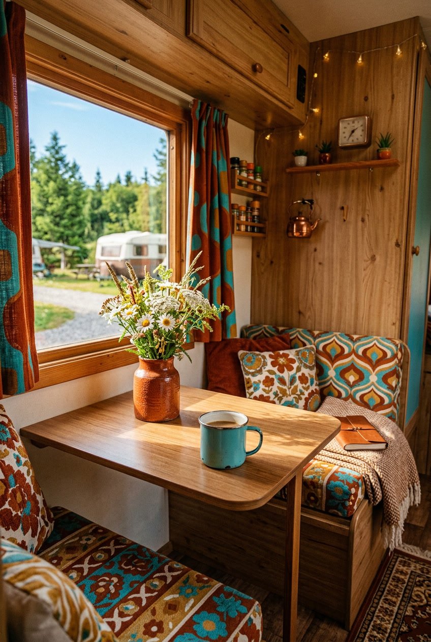 Interior of a camper van with cushions and curtains in warm orange and blue colors, a small table with a mug and vase, and a view of trees and sky outside.