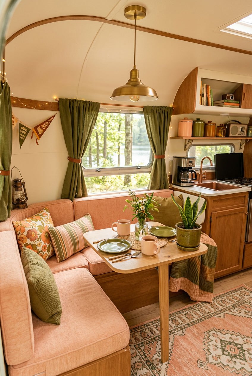 Interior of a camper van with peach cushions, olive green curtains, a wooden table set with mugs and plates, and natural light coming through the windows.