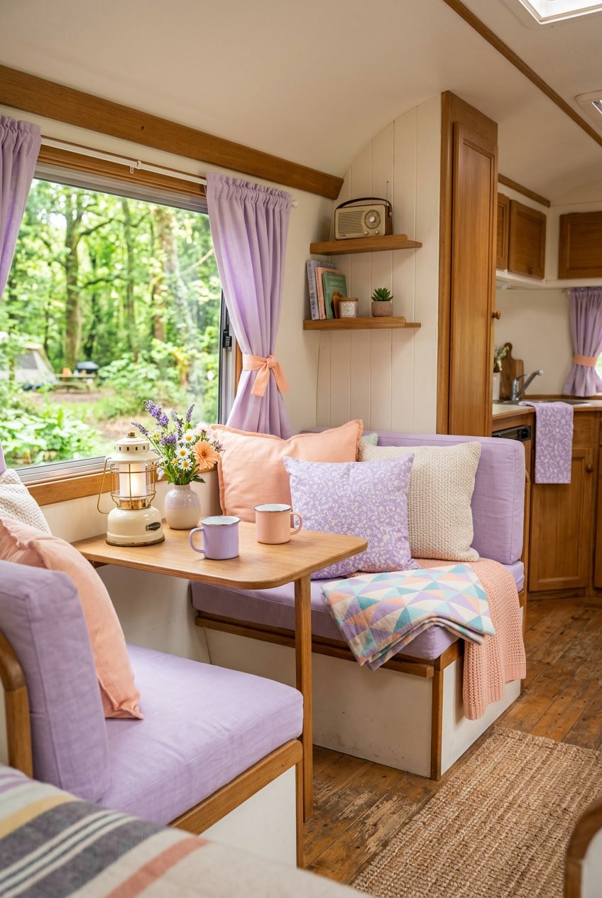 Cozy camper interior decorated with pastel lavender and soft peach cushions, curtains, and vintage camping gear with greenery visible outside.