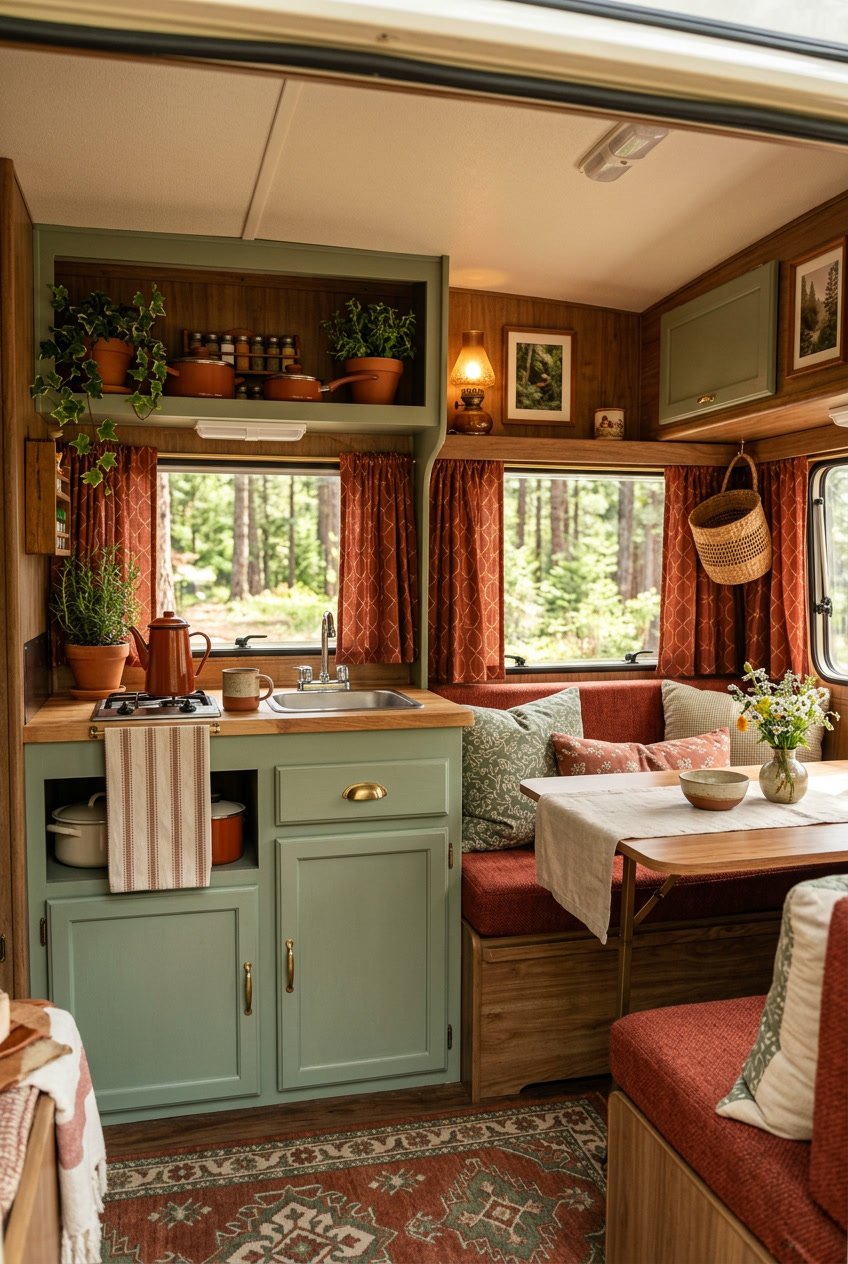 Cozy camper interior with green cabinets and red cushions, sunlight coming through a window showing trees outside.