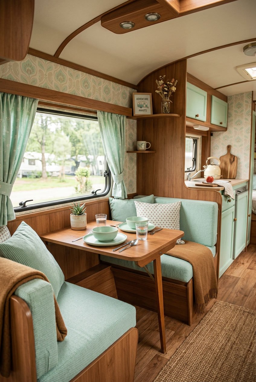 A cozy camper interior with warm brown wood and pastel mint cushions, a small dining table, and sunlight coming through the windows.