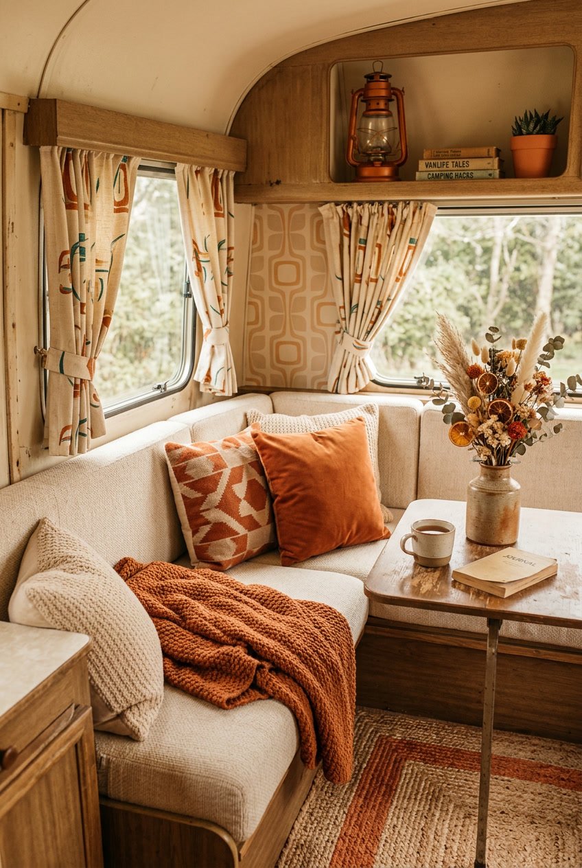 Interior of a camper van with beige cushioned seats and burnt orange pillows, a wooden table with dried flowers, and warm natural light coming through curtains.