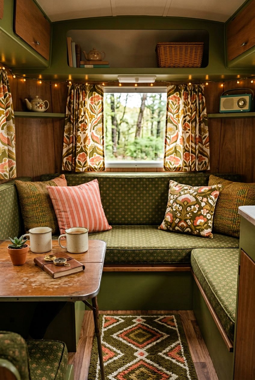 Cozy camper interior decorated with olive green and coral cushions, a wooden table with a camping mug, and soft lighting.