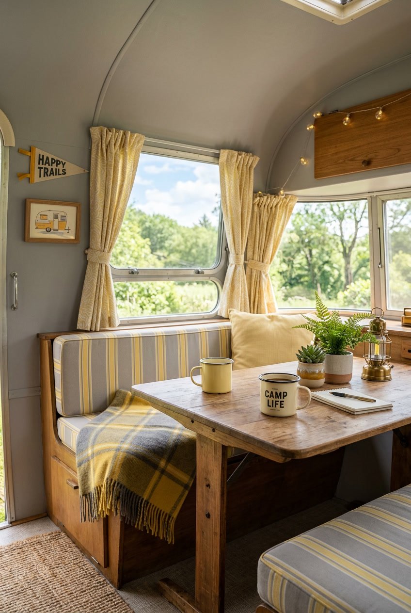 Interior of a vintage camper decorated with pale yellow and soft gray accents, featuring a wooden table with camping accessories and sunlight coming through the windows.